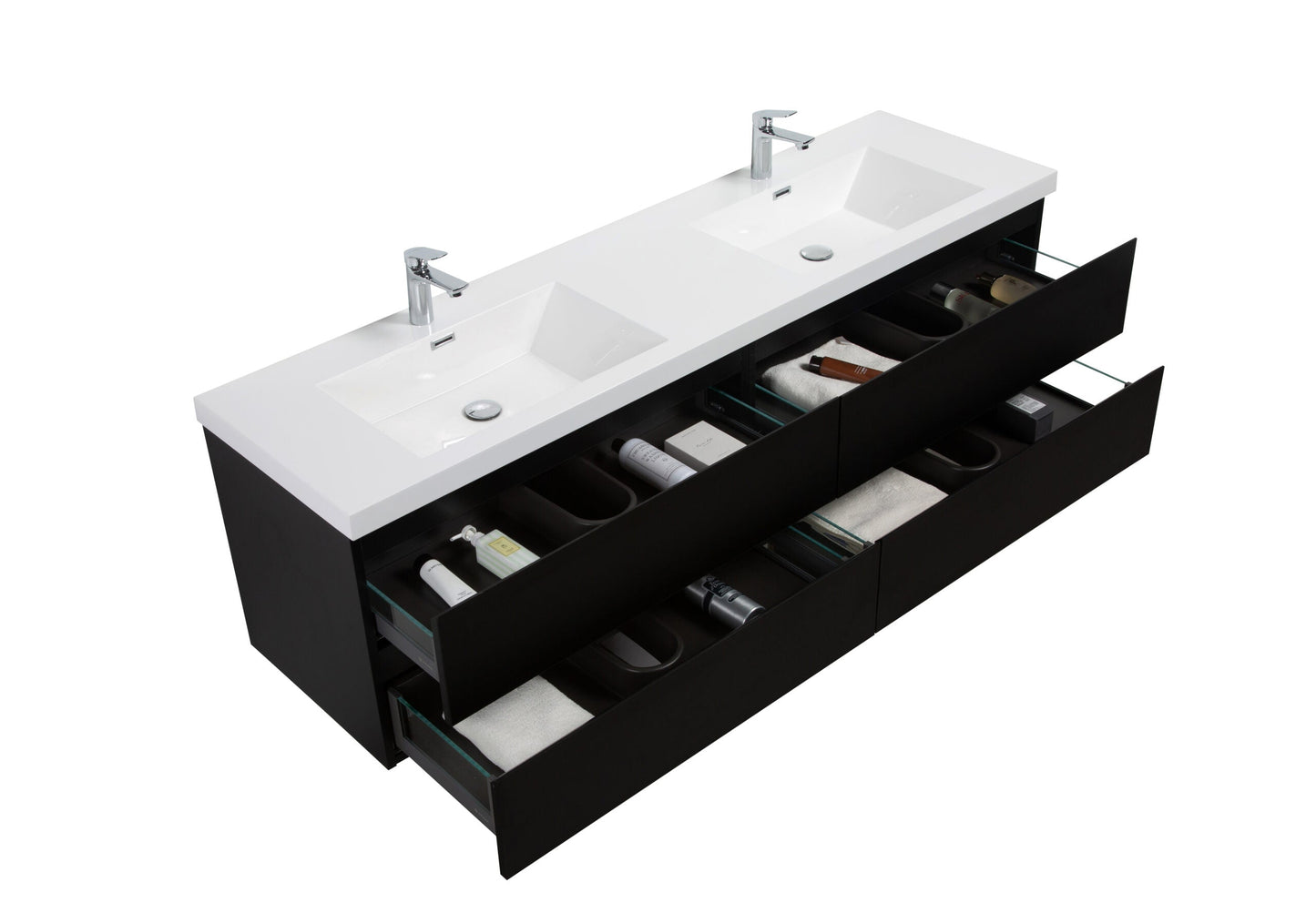 Aurora 72" Wall Hung Double Sink Bathroom Vanity with White Acrylic Countertop