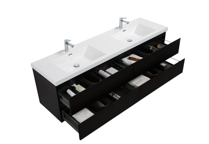 Aurora 72" Wall Hung Double Sink Bathroom Vanity with White Acrylic Countertop