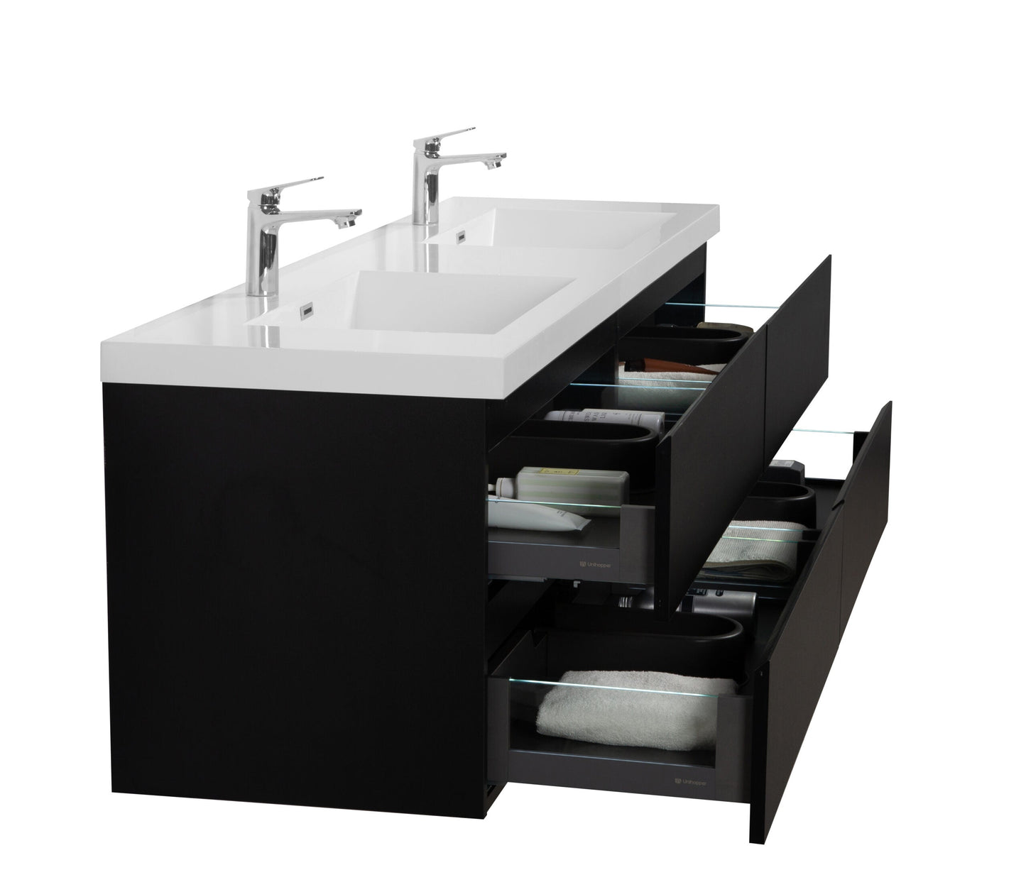 Aurora 72" Wall Hung Double Sink Bathroom Vanity with White Acrylic Countertop