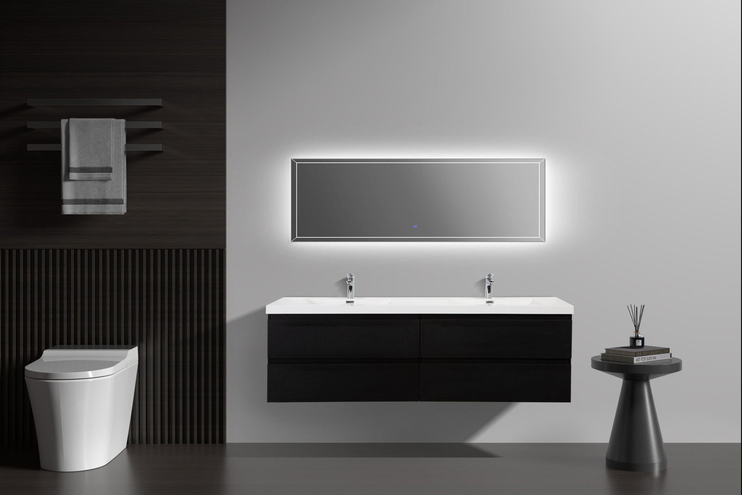 Aurora 72" Wall Hung Double Sink Bathroom Vanity with White Acrylic Countertop