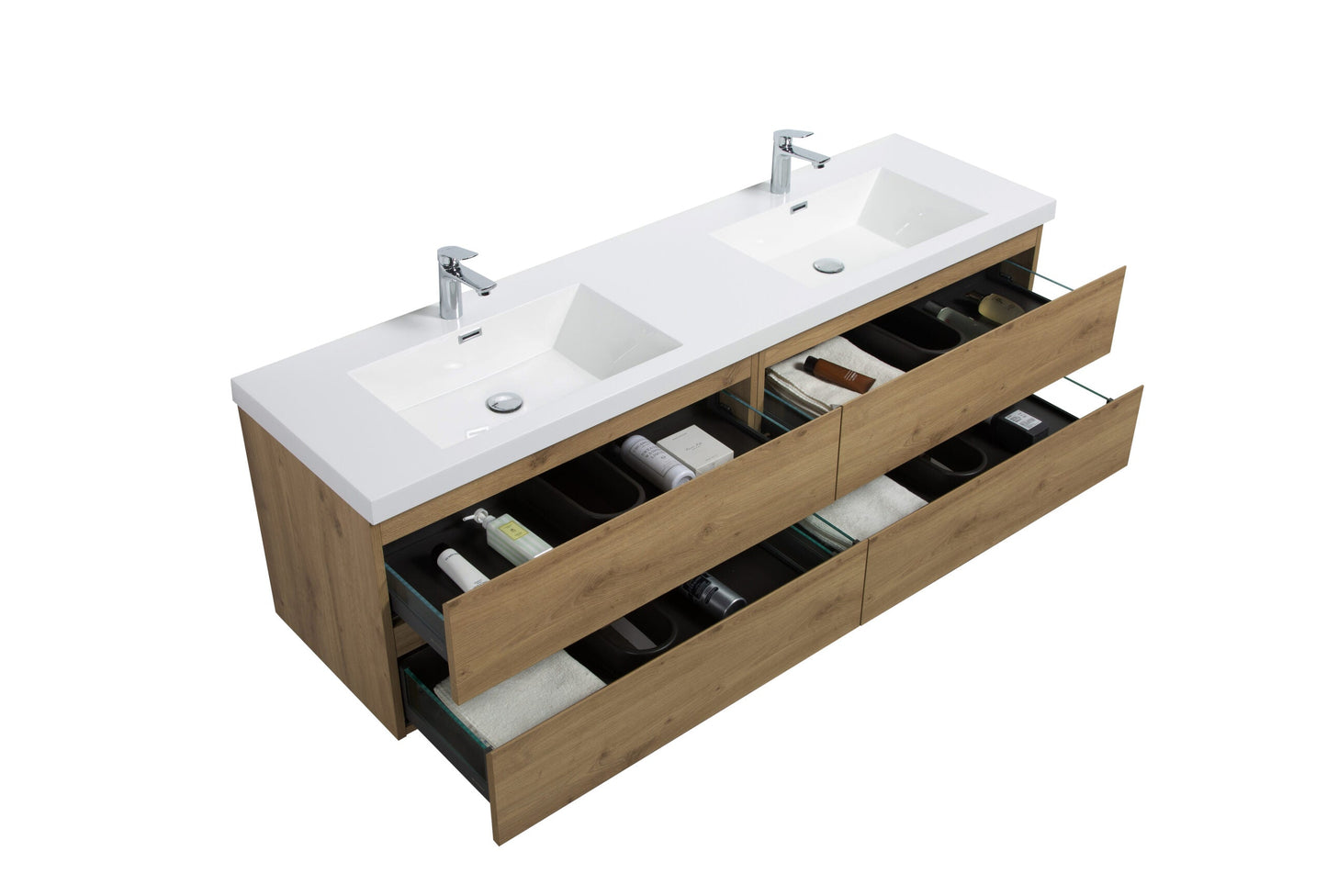 Aurora 72" Wall Hung Double Sink Bathroom Vanity with White Acrylic Countertop