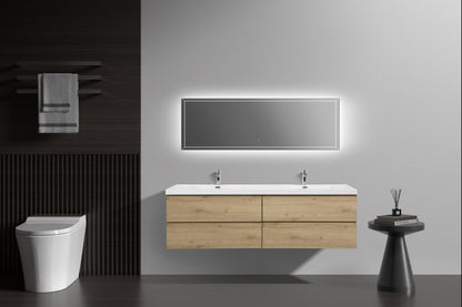 Aurora 72" Wall Hung Double Sink Bathroom Vanity with White Acrylic Countertop