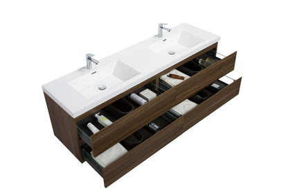 Aurora 72" Wall Hung Double Sink Bathroom Vanity with White Acrylic Countertop