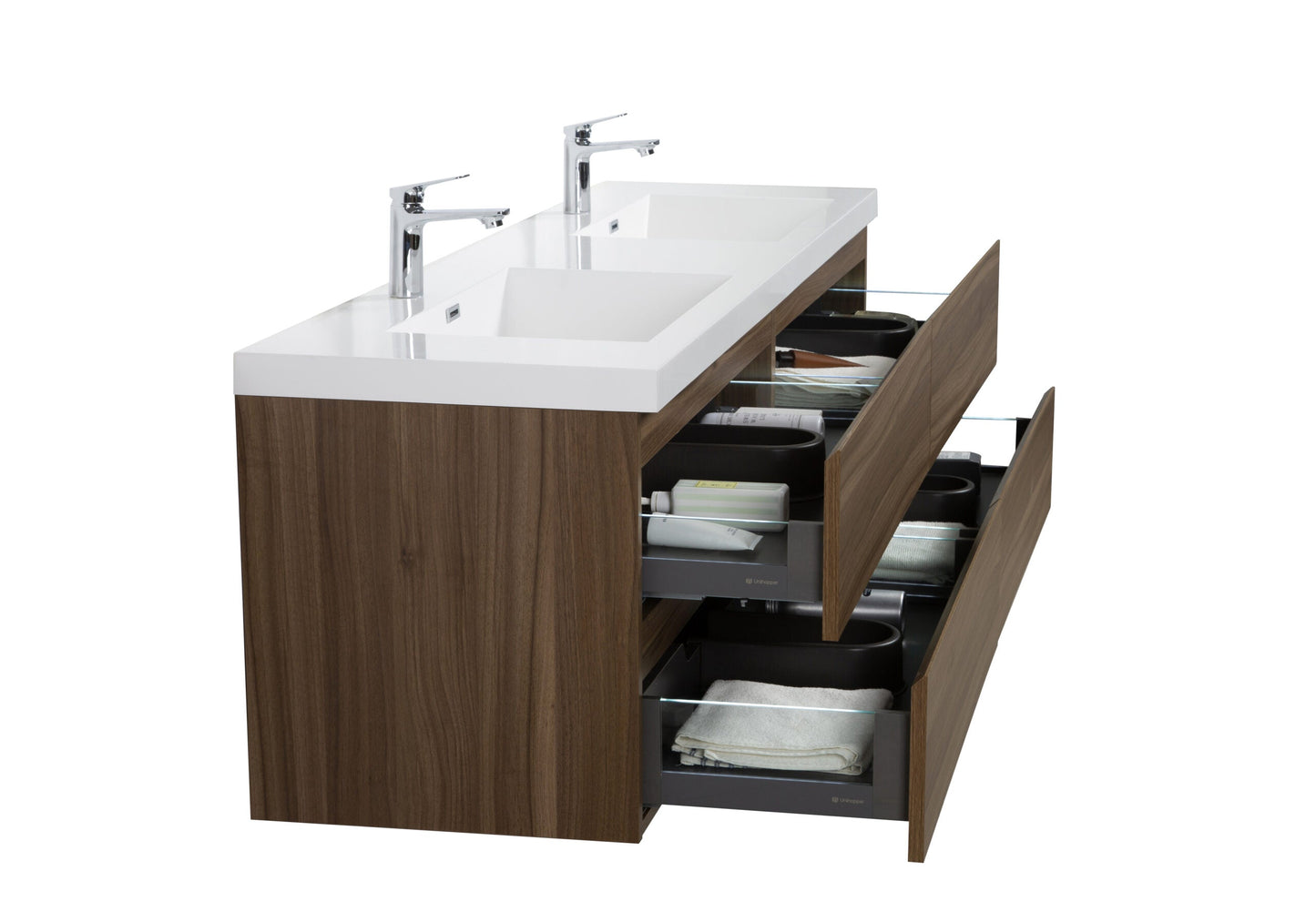 Aurora 72" Wall Hung Double Sink Bathroom Vanity with White Acrylic Countertop