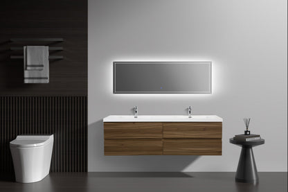 Aurora 72" Wall Hung Double Sink Bathroom Vanity with White Acrylic Countertop