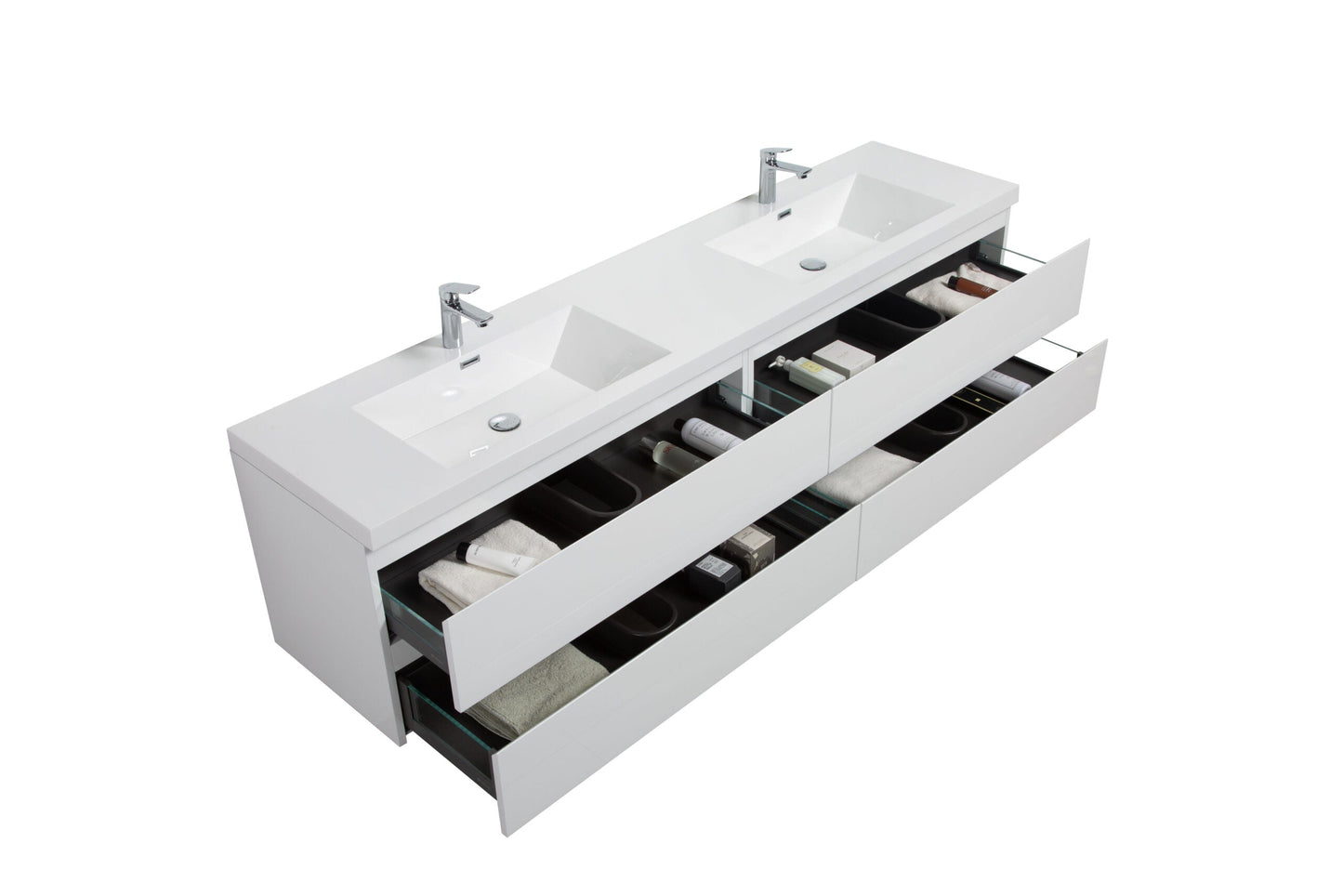 Aurora 84" Wall Hung Double Sink Bathroom Vanity with White Acrylic Countertop