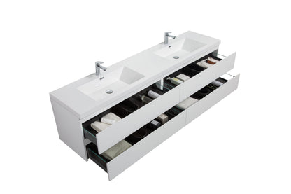 Aurora 84" Wall Hung Double Sink Bathroom Vanity with White Acrylic Countertop