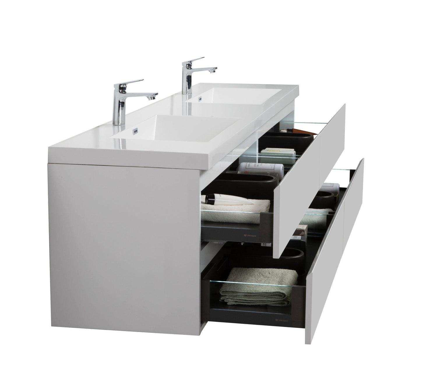 Aurora 84" Wall Hung Double Sink Bathroom Vanity with White Acrylic Countertop