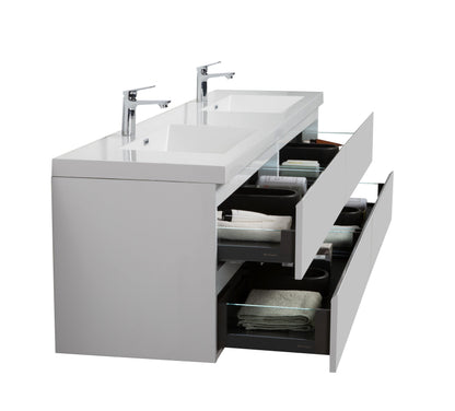 Aurora 84" Wall Hung Double Sink Bathroom Vanity with White Acrylic Countertop