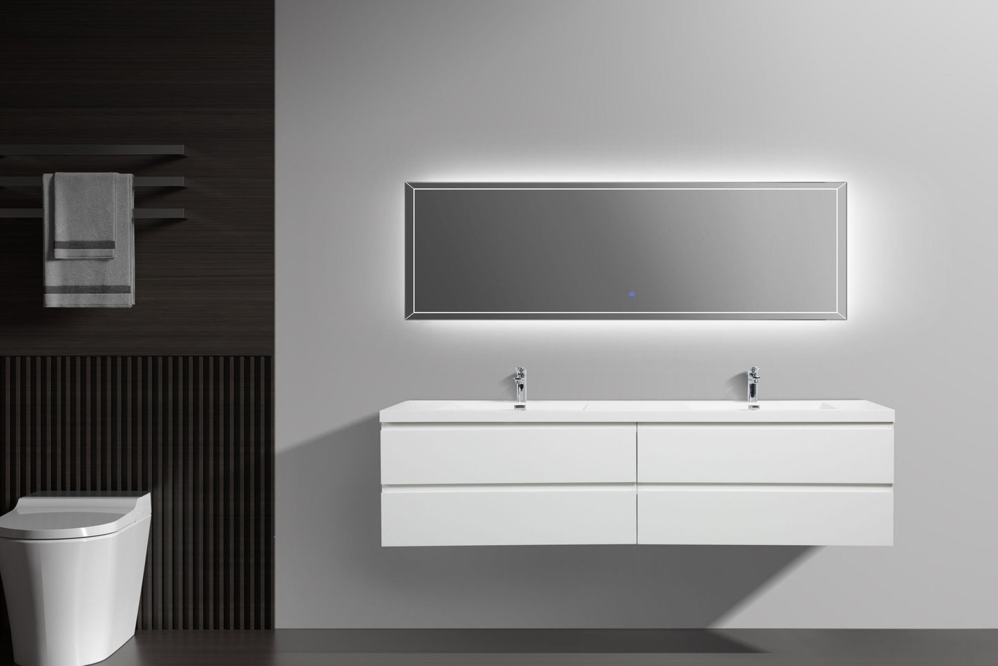 Aurora 84" Wall Hung Double Sink Bathroom Vanity with White Acrylic Countertop