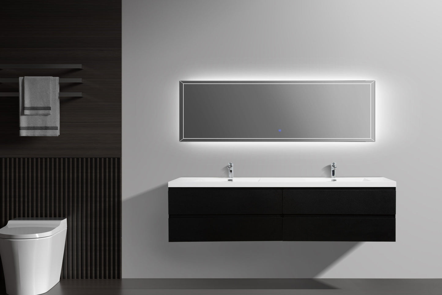 Aurora 84" Wall Hung Double Sink Bathroom Vanity with White Acrylic Countertop