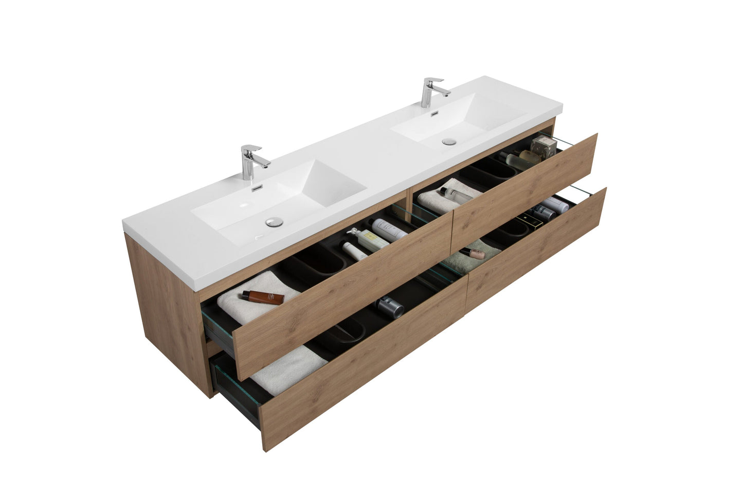 Aurora 84" Wall Hung Double Sink Bathroom Vanity with White Acrylic Countertop