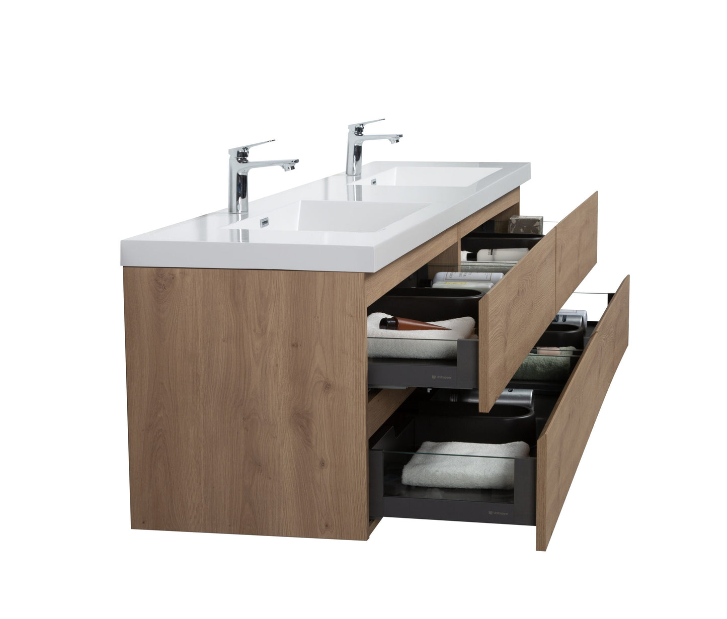Aurora 84" Wall Hung Double Sink Bathroom Vanity with White Acrylic Countertop