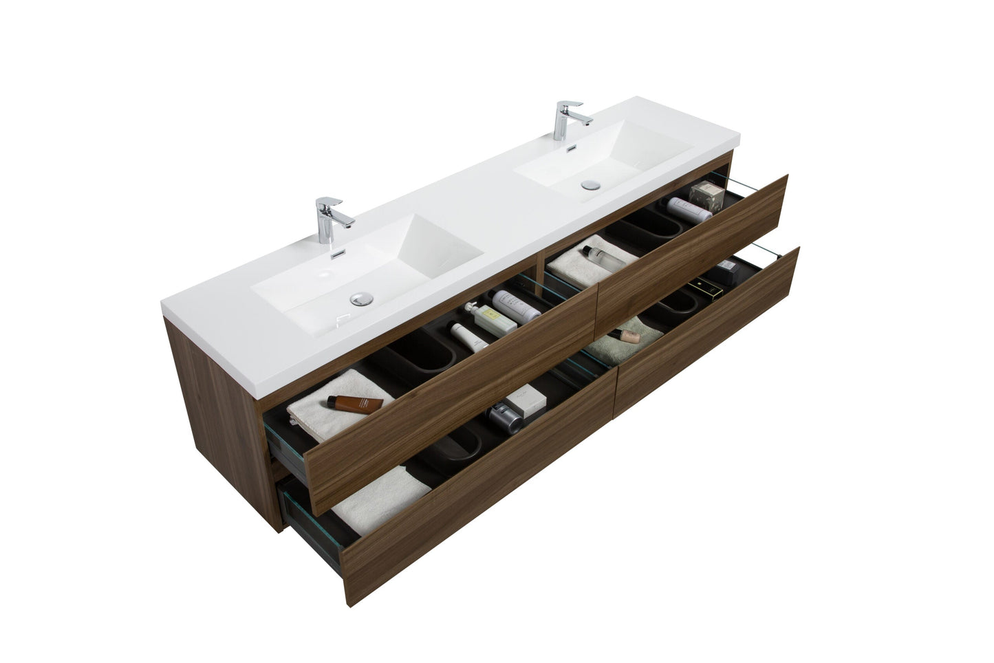 Aurora 84" Wall Hung Double Sink Bathroom Vanity with White Acrylic Countertop