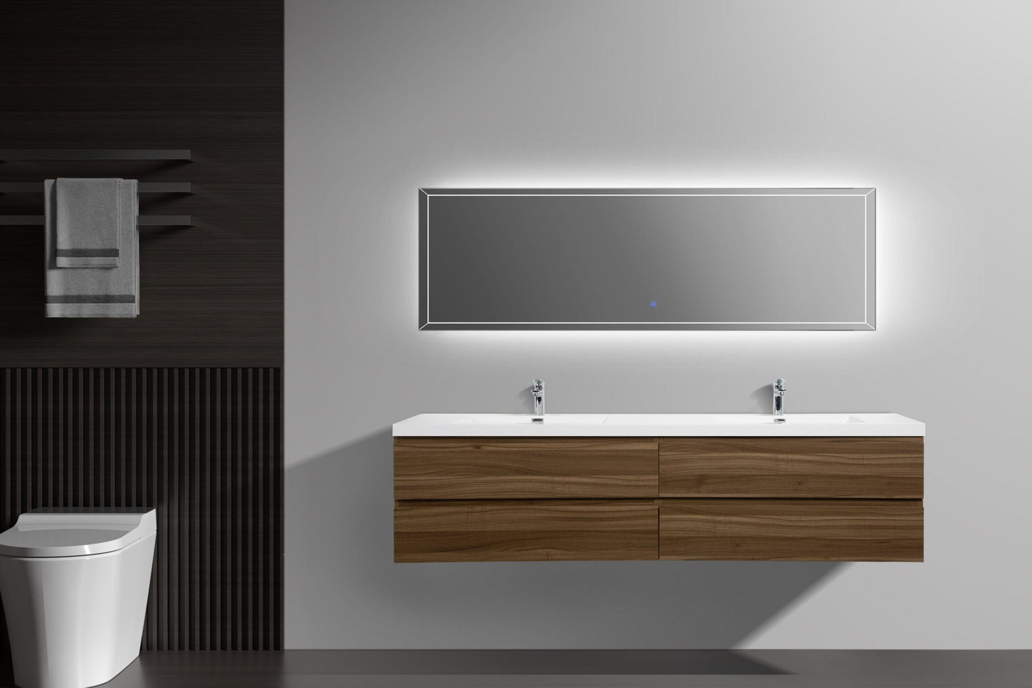 Aurora 84" Wall Hung Double Sink Bathroom Vanity with White Acrylic Countertop