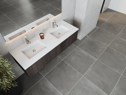 Legno 60" Carbon Oak Double Sink Bathroom Vanity with Matte White VIVA Stone Solid Surface Countertop