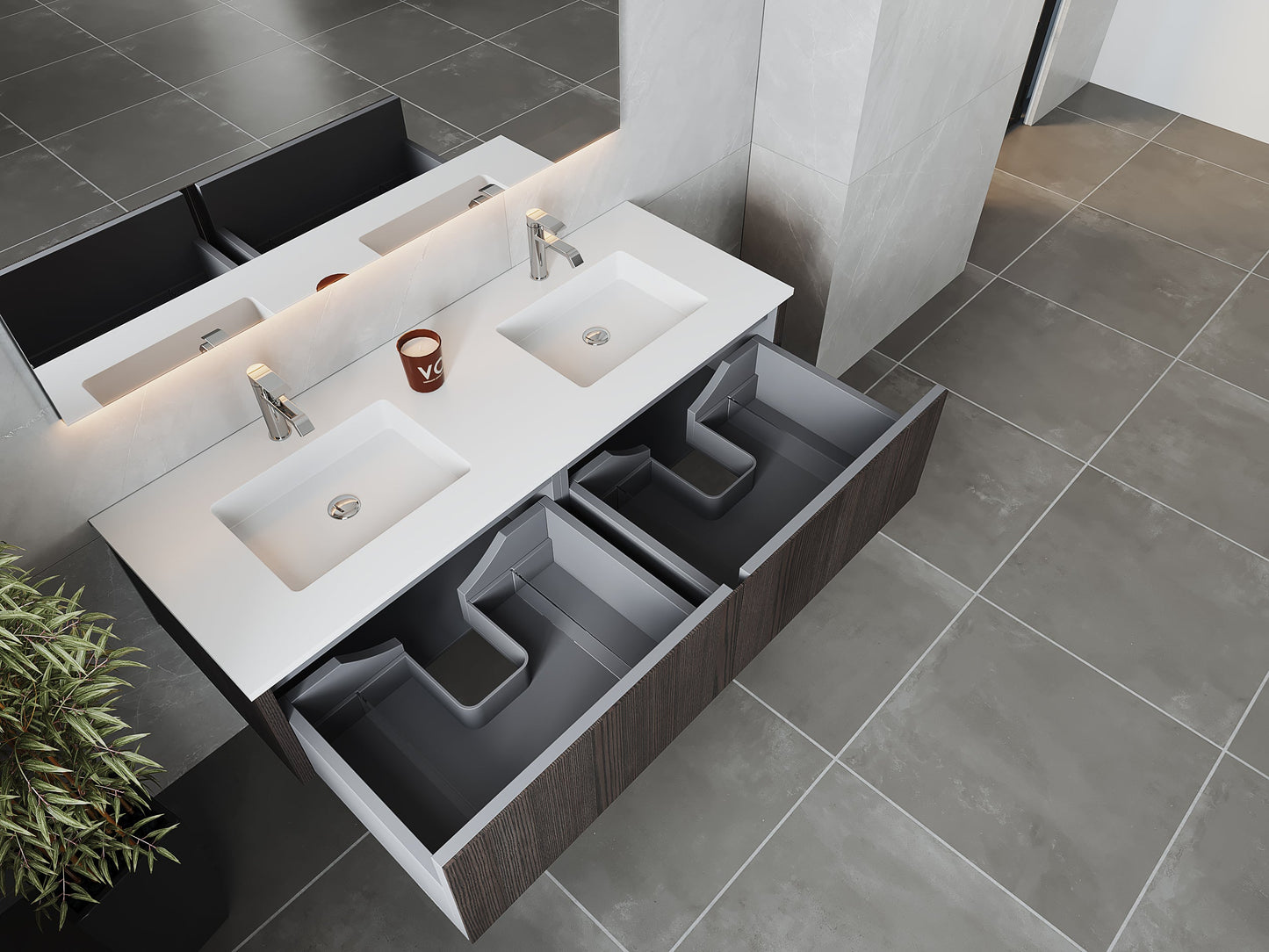 Legno 60" Carbon Oak Double Sink Bathroom Vanity with Matte White VIVA Stone Solid Surface Countertop