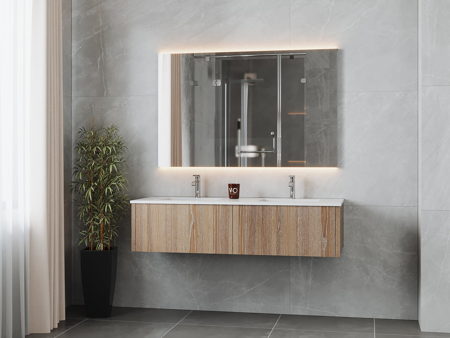 Legno 60" Carbon Oak Double Sink Bathroom Vanity with Matte White VIVA Stone Solid Surface Countertop