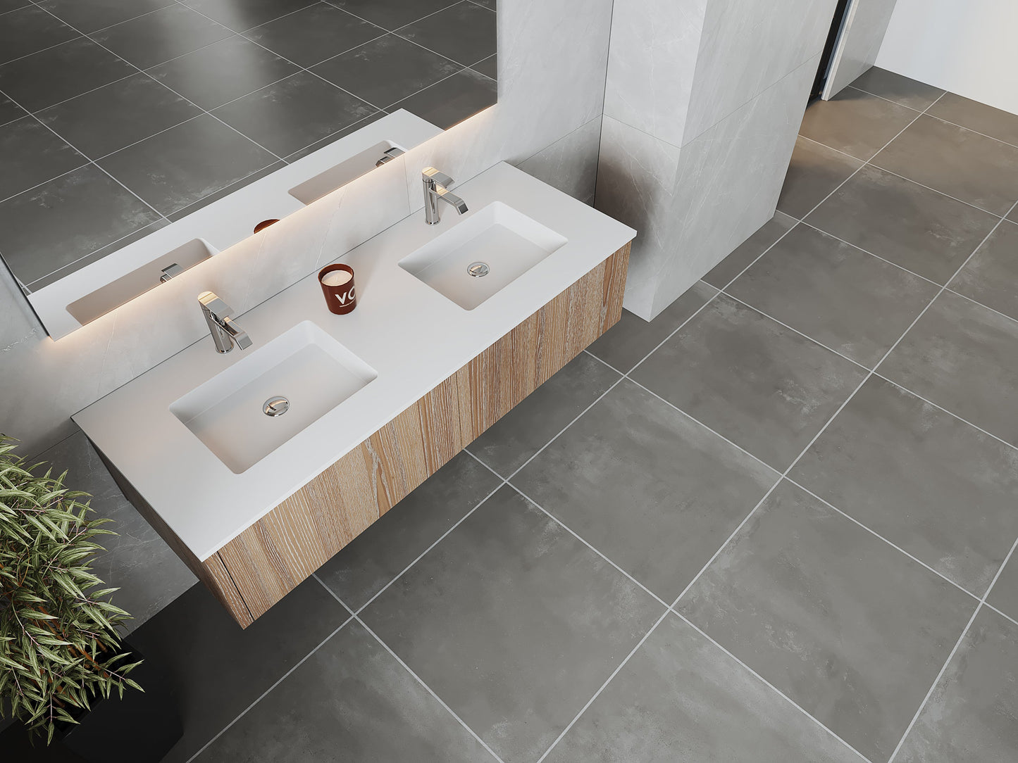 Legno 60" Carbon Oak Double Sink Bathroom Vanity with Matte White VIVA Stone Solid Surface Countertop