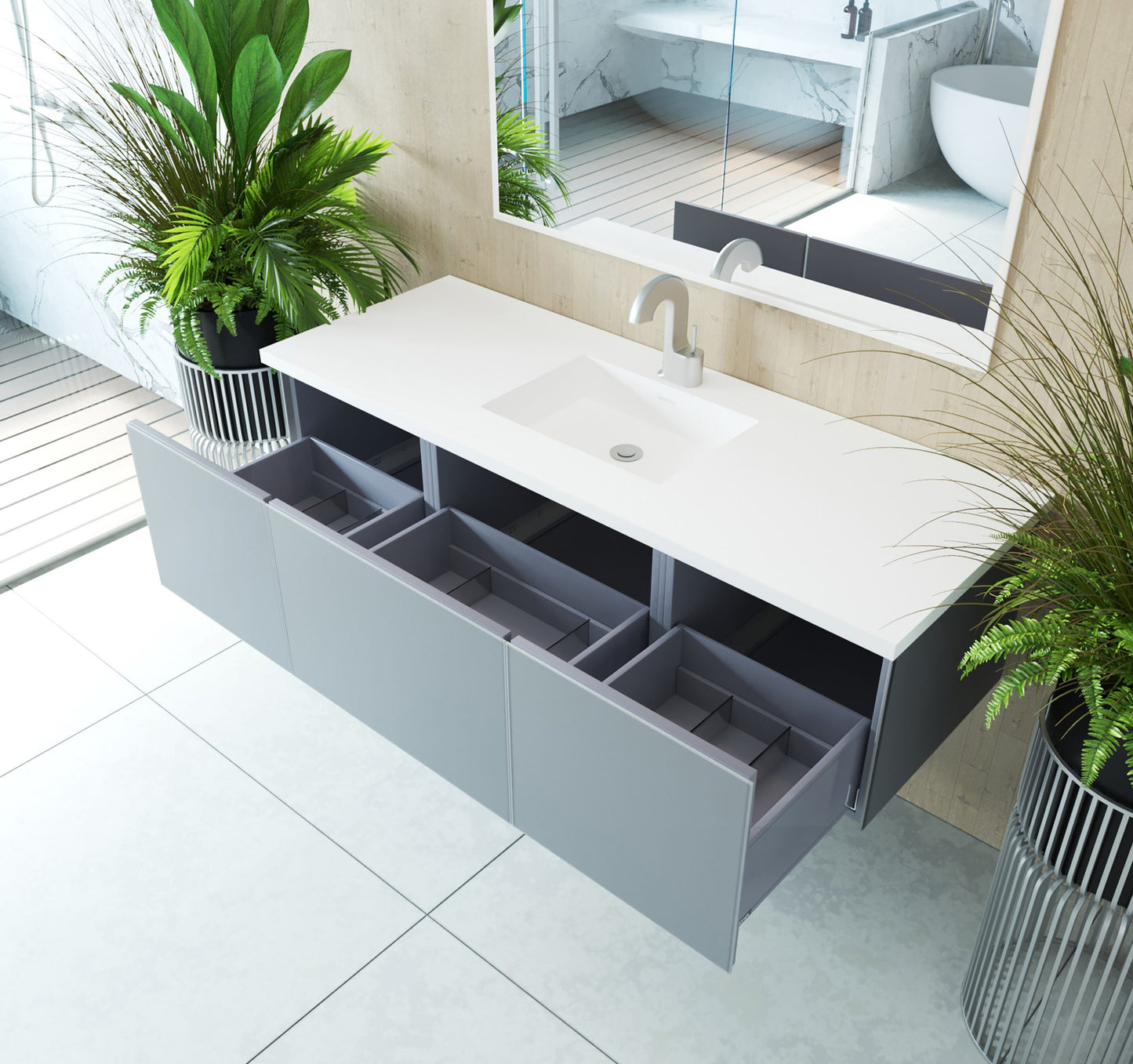 Vitri 60" Single Sink Bathroom Vanity with VIVA Stone Matte White Solid Surface Countertop