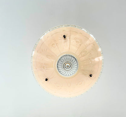 1930’s Peach Frosted Art Deco Suspended Chandelier Ceiling Light