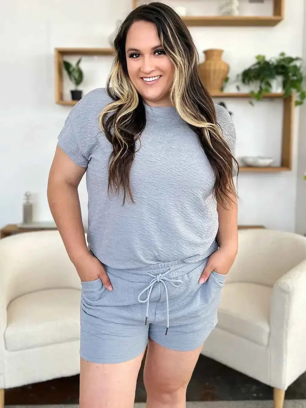 Texture Short Sleeve T Shirt and Shorts Set