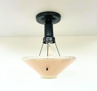 1930’s Peach Frosted Art Deco Suspended Chandelier Ceiling Light