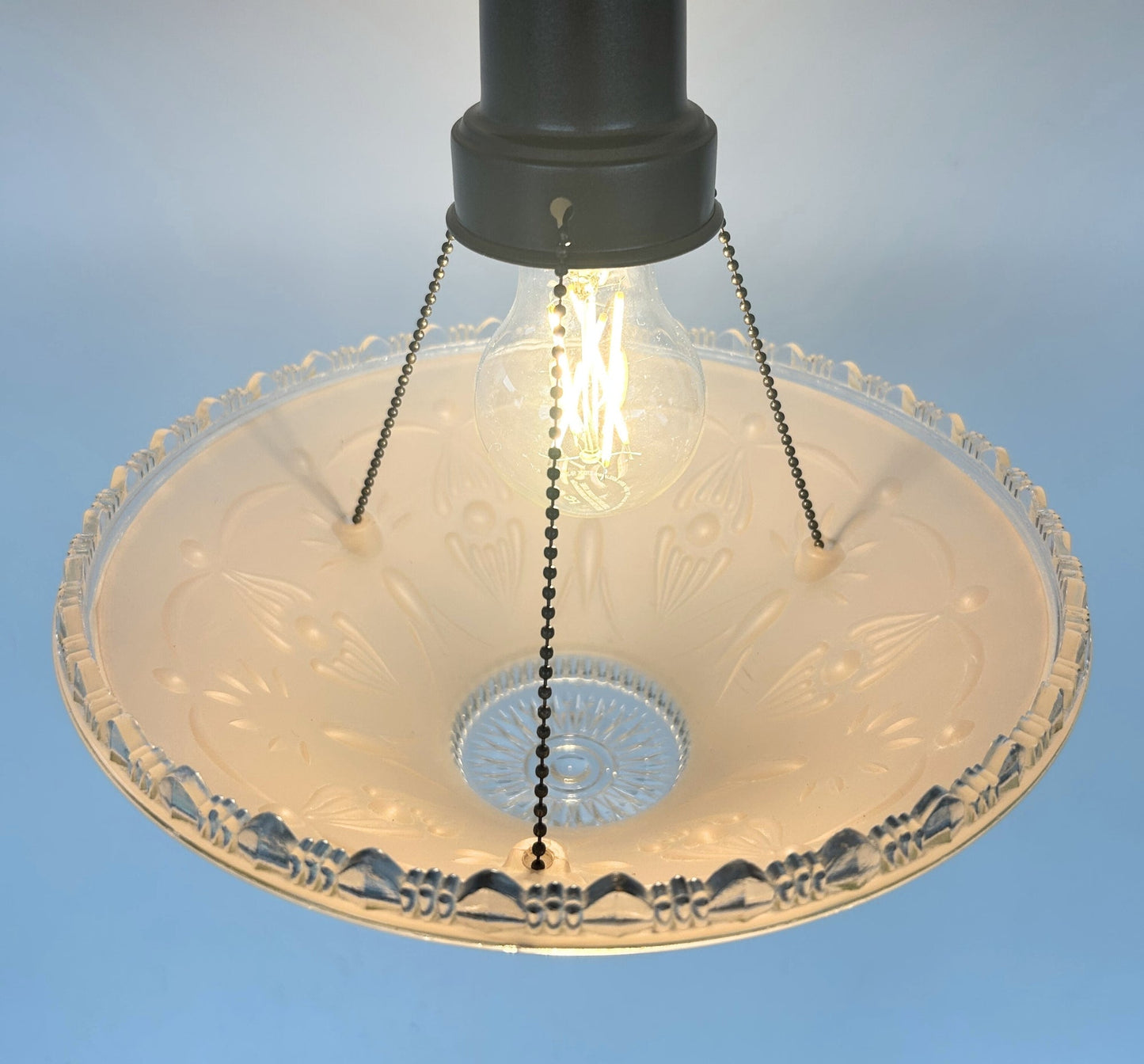 1930’s Peach Frosted Art Deco Suspended Chandelier Ceiling Light