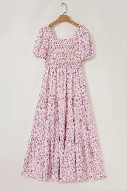 White Frill Neckline Shirred Bodice Floral Maxi Dress