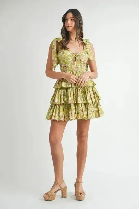 MABLE Floral Mini Dress – Adjustable Shoulder Tie Layered Design
