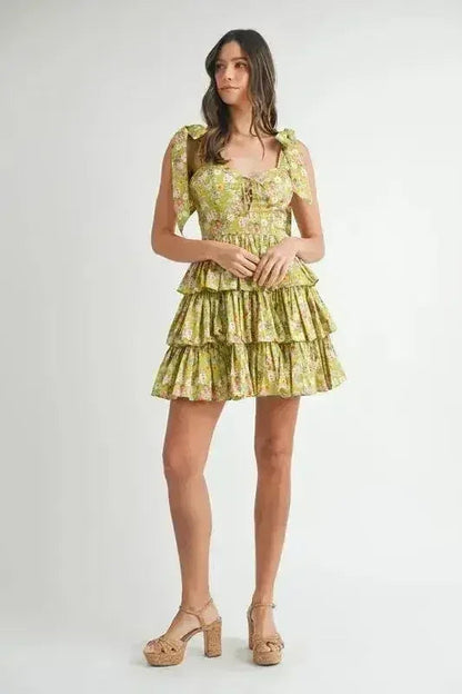 MABLE Floral Mini Dress – Adjustable Shoulder Tie Layered Design