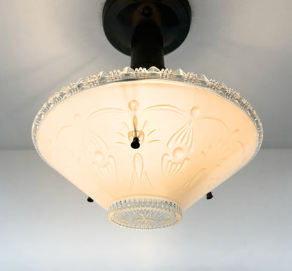 1930’s Peach Frosted Art Deco Suspended Chandelier Ceiling Light