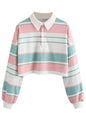 Natalie Winters Dress - Remidoo Women's Collared Half Button Long Sleeve Striped Crop Top Sweatshirt