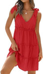 Sundresses - ZESICA Womens Summer Casual V Neck Sleeveless Mini Dress Tie Shoulder Tiered Ruffle Swing A Line Short Sundresses
