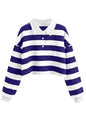 Natalie Winters Dress - Remidoo Women's Collared Half Button Long Sleeve Striped Crop Top Sweatshirt