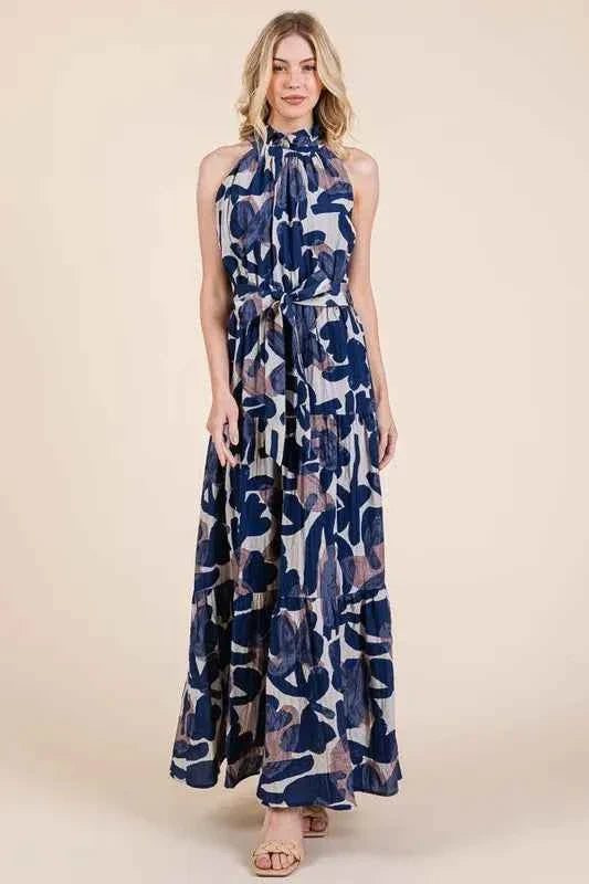 Lime and Chili Maxi Dress - Abstract Halter Neck Tie-Waist Tiered Design