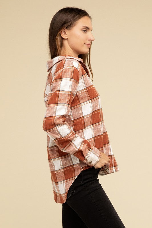 ZENANA Cotton Plaid Shacket With Front Pocket