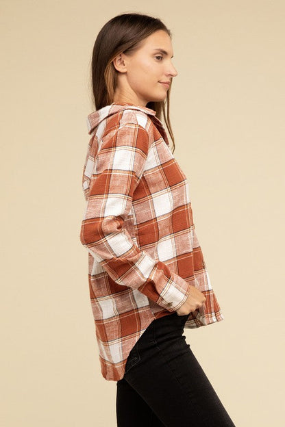 ZENANA Cotton Plaid Shacket With Front Pocket