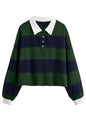 Natalie Winters Dress - Remidoo Women's Collared Half Button Long Sleeve Striped Crop Top Sweatshirt