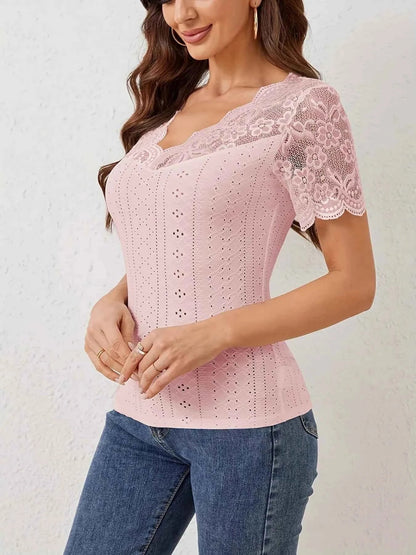Lace Trim Eyelet Embroidered Summer T Shirt