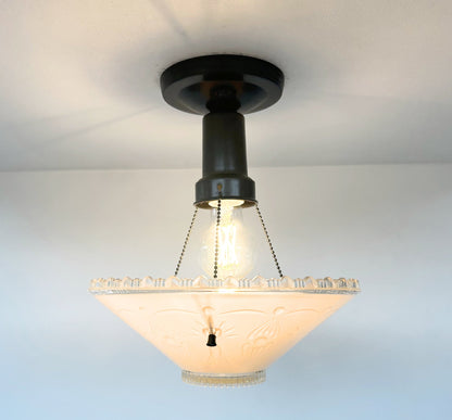 1930’s Peach Frosted Art Deco Suspended Chandelier Ceiling Light