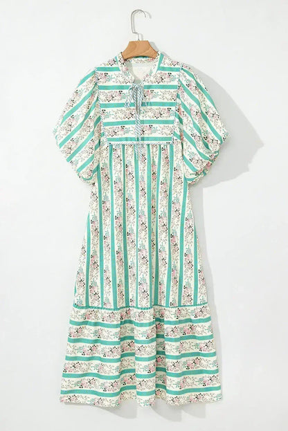 Multicolor Boho Floral Striped Tie V Neck Long Dress