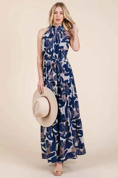 Lime and Chili Maxi Dress - Abstract Halter Neck Tie-Waist Tiered Design