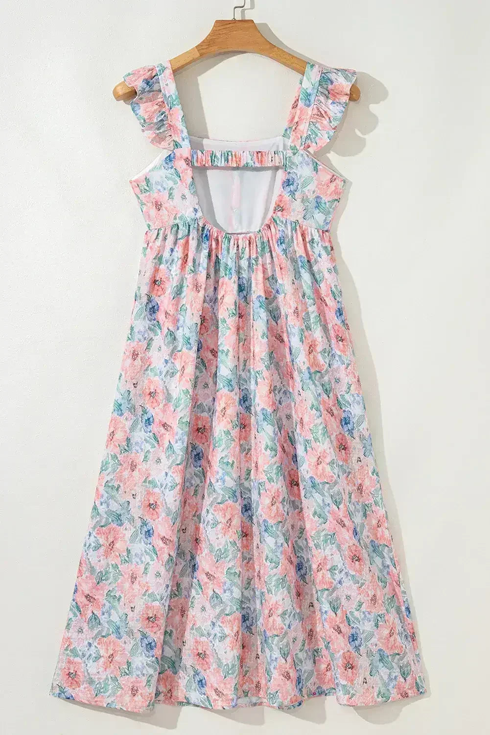 Pink Floral Print Square Neck Backless Dress with Slit