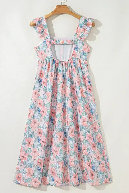 Pink Floral Print Square Neck Backless Dress with Slit