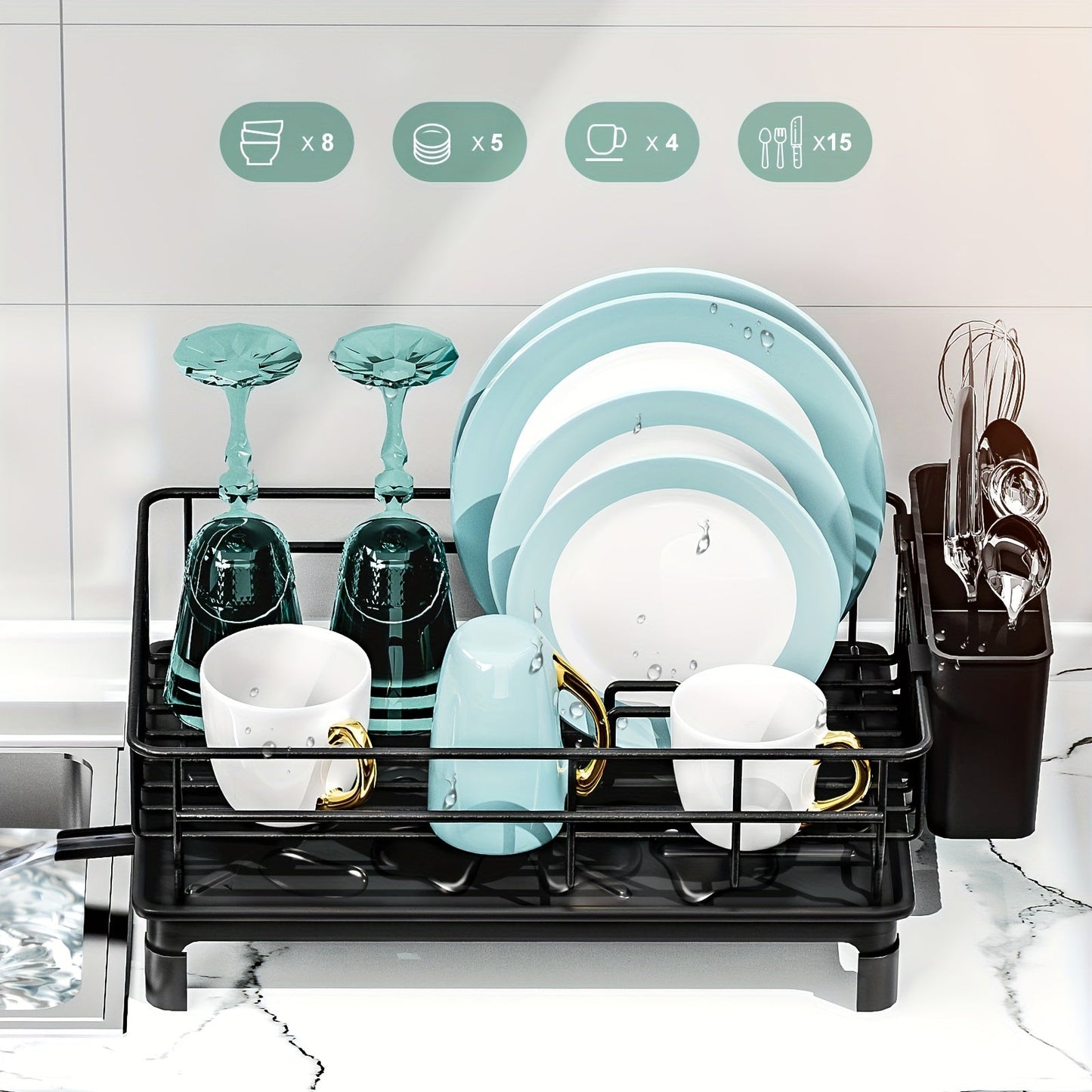 Dish Drying Rack with Drainboard and Drip Line