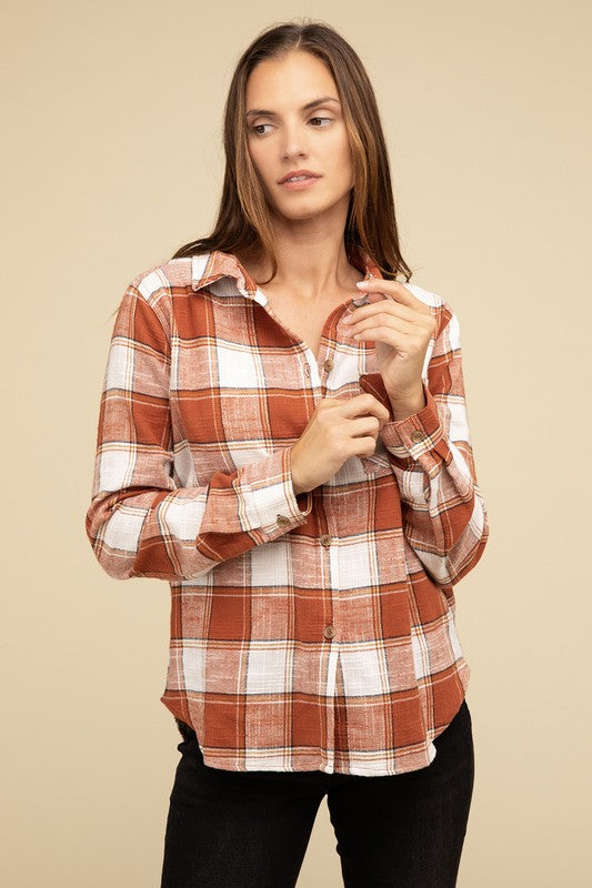 ZENANA Cotton Plaid Shacket With Front Pocket