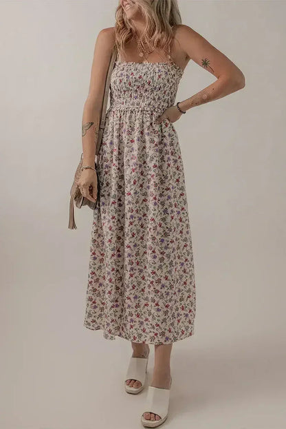 Multicolour Boho Floral Print Spaghetti Strap Flare Midi Dress