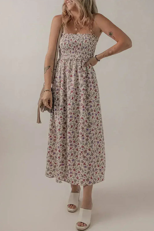 Multicolour Boho Floral Print Spaghetti Strap Flare Midi Dress
