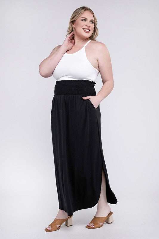 ZENANA Plus Smocked Waist Side Slit Maxi Skirt w/ Pockets